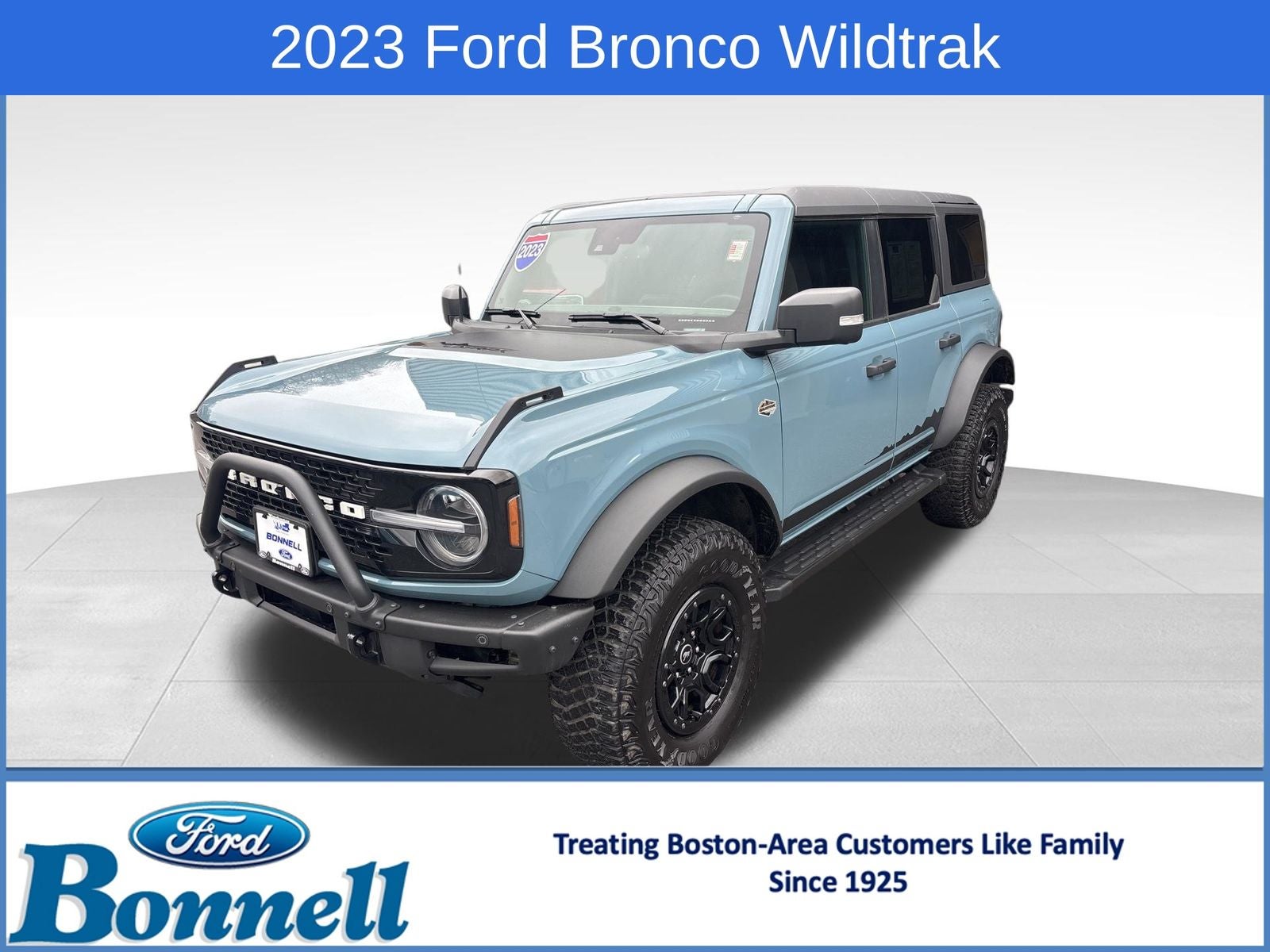2023 Ford Bronco Wildtrak in Area 51 — front three-quarter view
