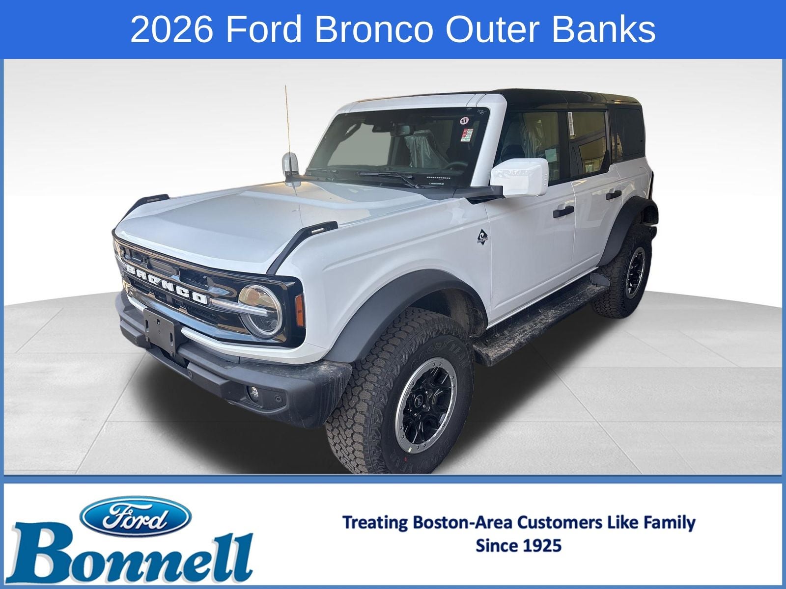 2026 Ford Bronco Outer Banks in Oxford White — front three-quarter view