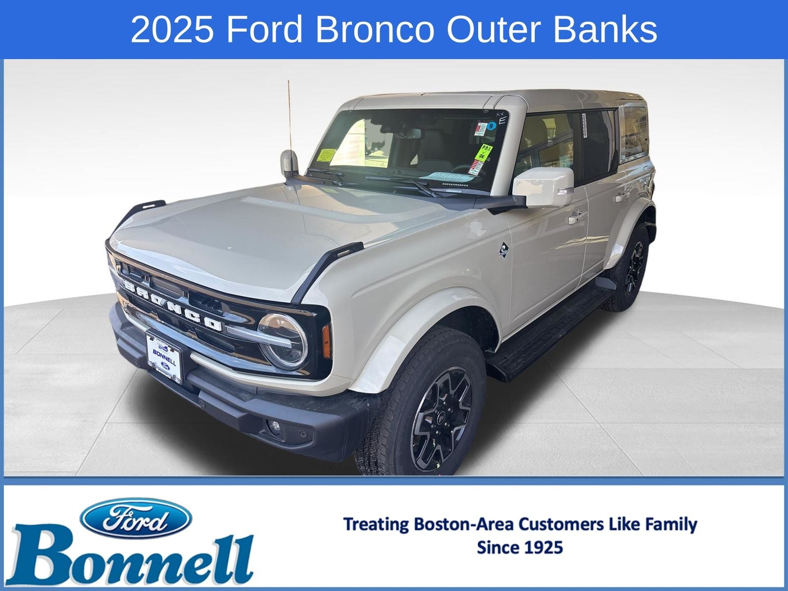 2025 Ford Bronco Outer Banks in Desert Sand — front three-quarter view