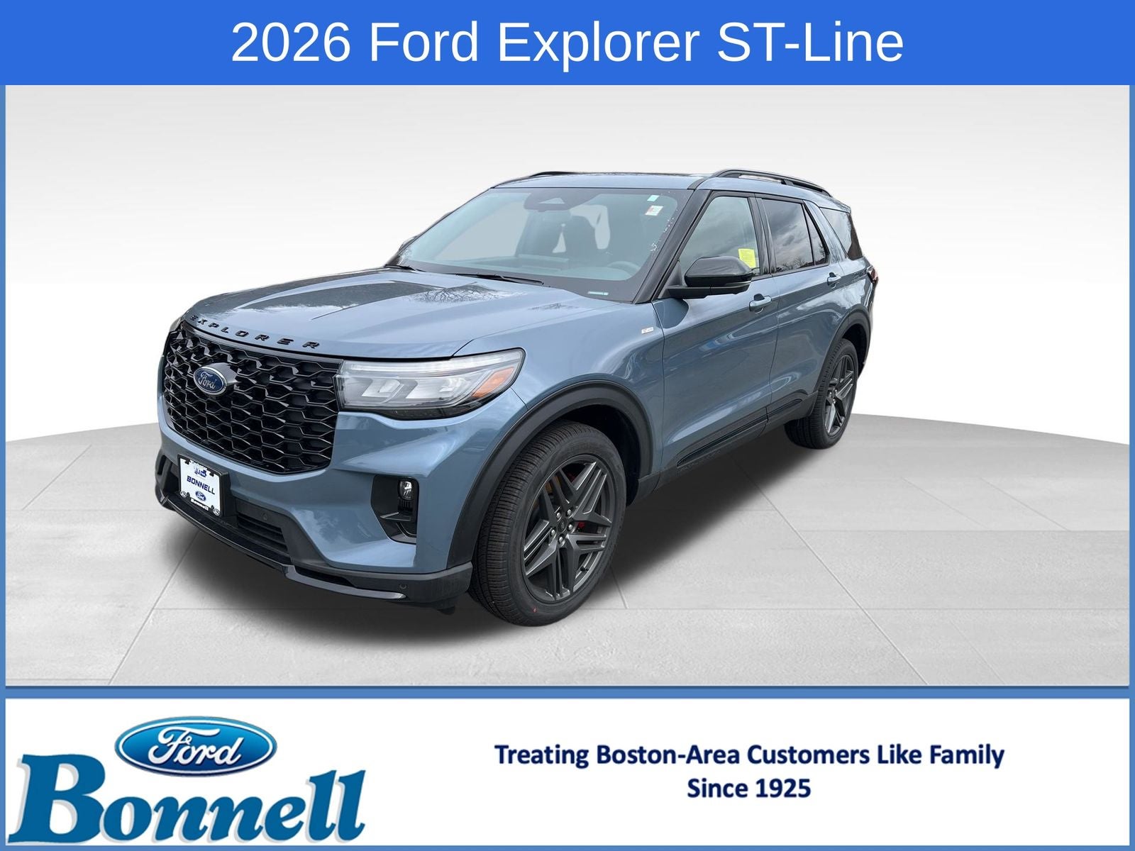 2026 Ford Explorer ST-Line in Vapor Blue Metallic — front three-quarter view