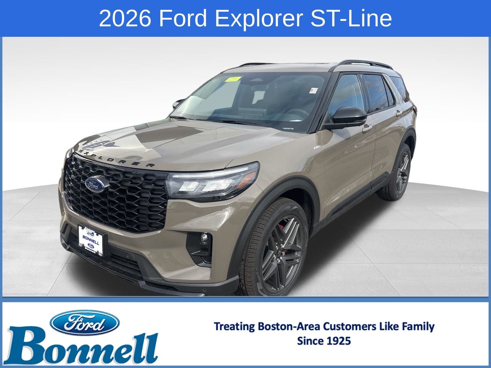 2026 Ford Explorer ST-Line in Marsh Gray — front three-quarter view