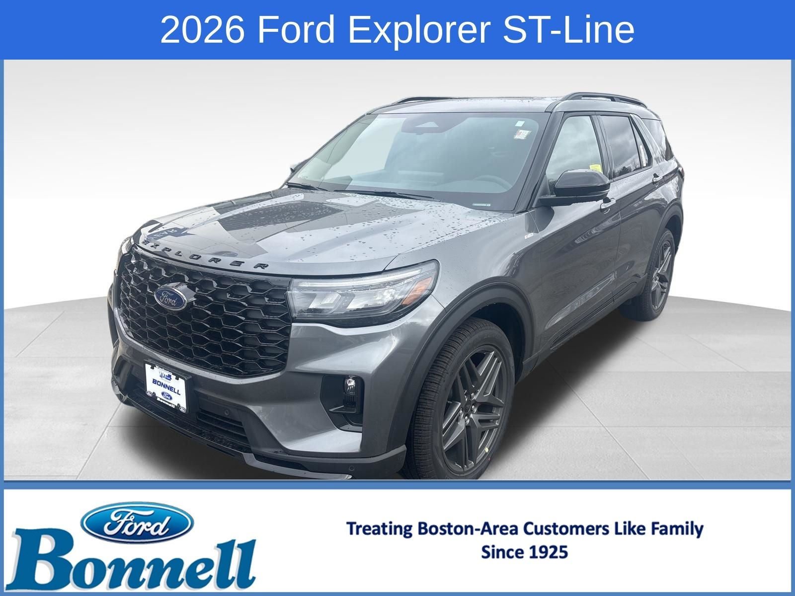 2026 Ford Explorer ST-Line in Carbonized Gray Metallic — front three-quarter view