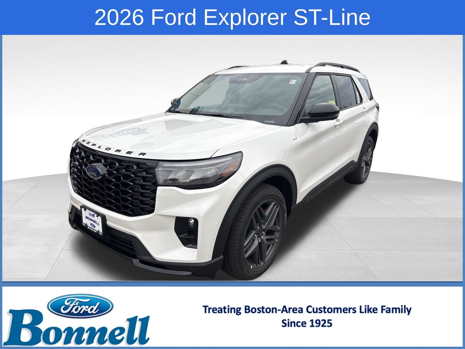 2026 Ford Explorer ST-Line in Star White Metallic Tri-Coat — front three-quarter view