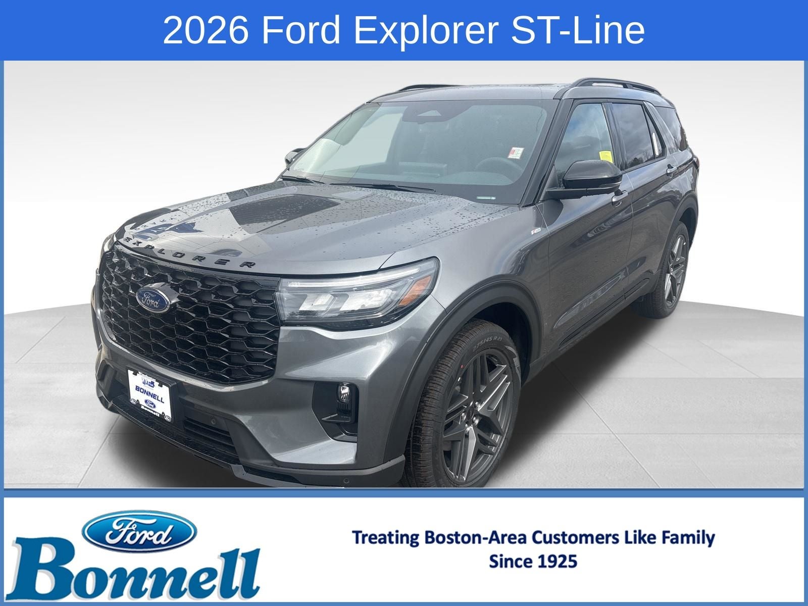 2026 Ford Explorer ST-Line in Carbonized Gray Metallic — front three-quarter view