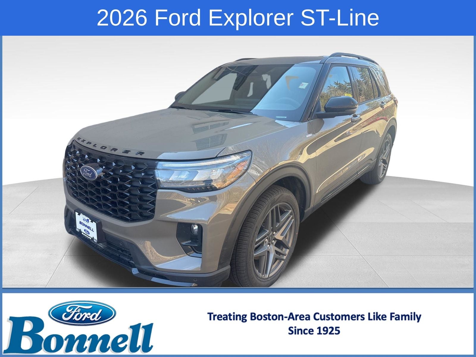 2026 Ford Explorer ST-Line in Marsh Gray — front three-quarter view