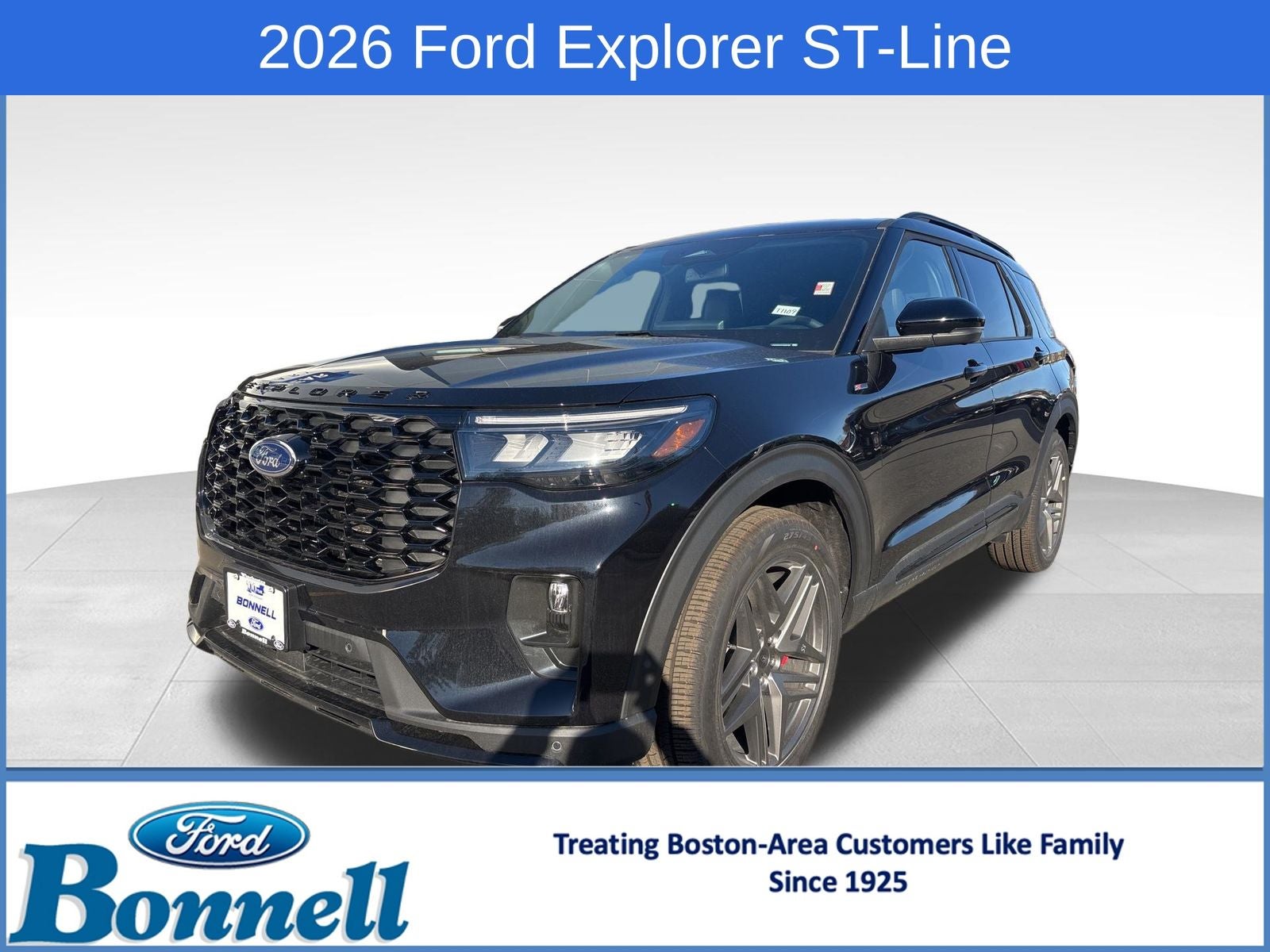 2026 Ford Explorer ST-Line in Agate Black Metallic — front three-quarter view