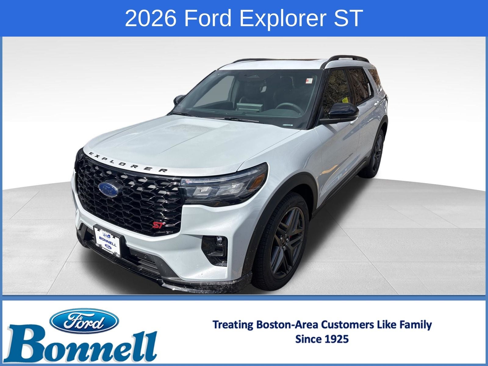 2026 Ford Explorer ST in Space White Metallic — front three-quarter view