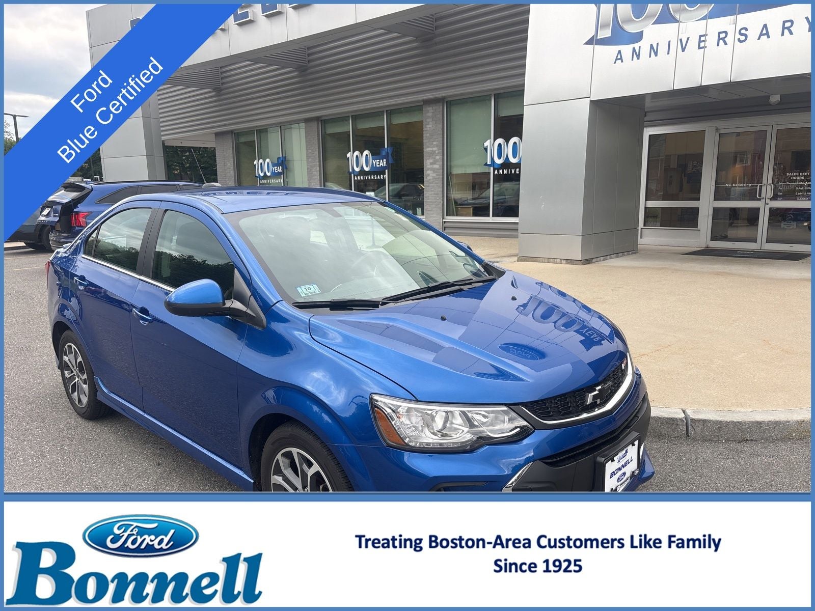 2019 Chevrolet Sonic LT in Kinetic Blue Metallic — front three-quarter view