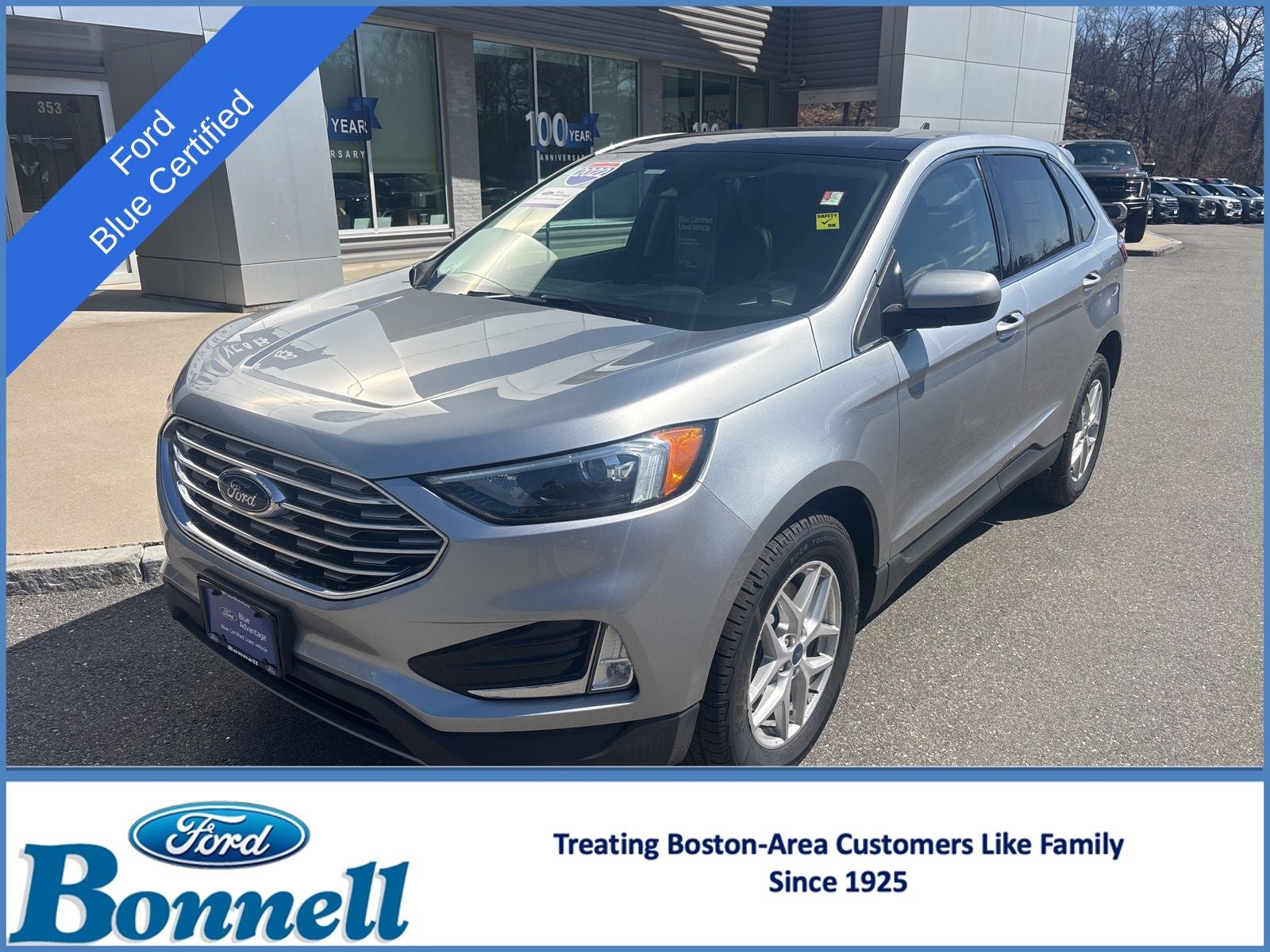 2022 Ford Edge SEL in Iconic Silver Metallic — front three-quarter view