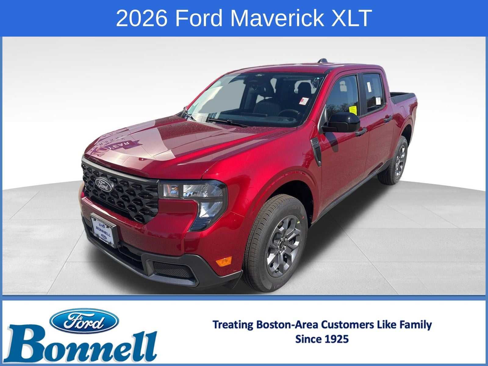 2026 Ford Maverick XLT in Ruby Red Metallic Tinted Clearcoat — front three-quarter view