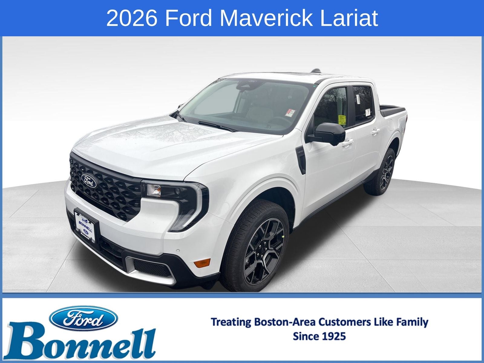 2026 Ford Maverick Lariat in Oxford White — front three-quarter view